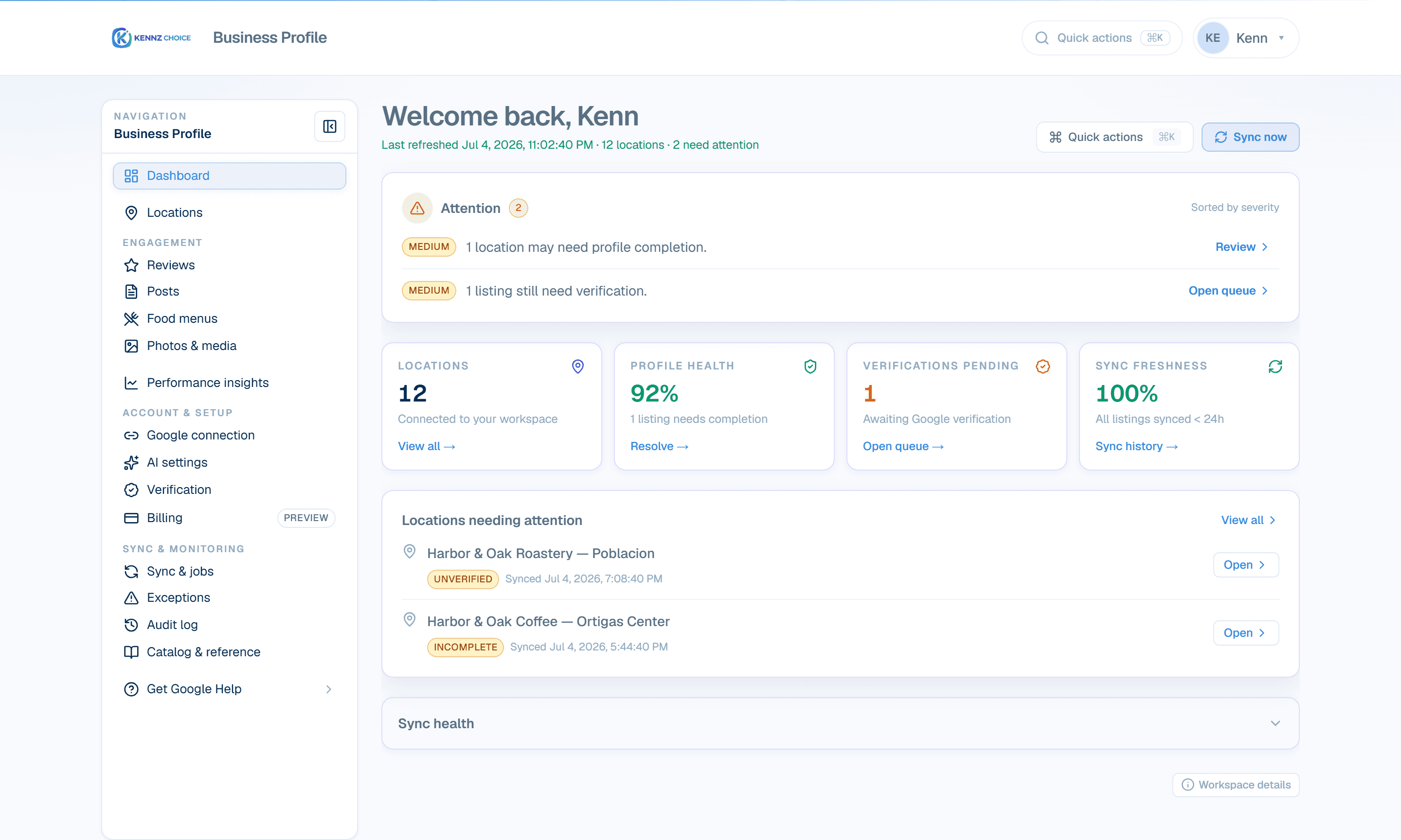 Kennz Choice dashboard with location KPIs, attention center, and sync health